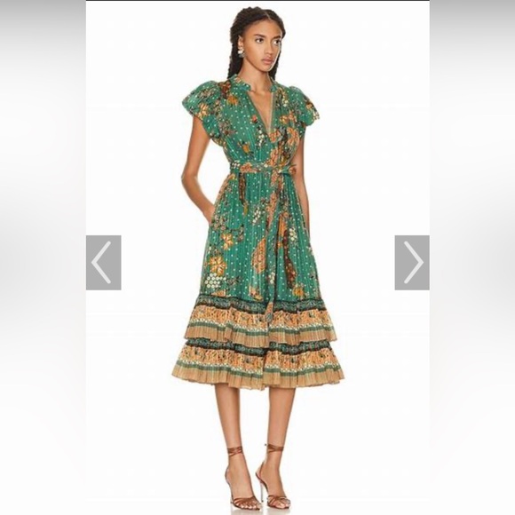 Ulla Johnson Green and Orange Floral Midi Dress - Picture 1 of 7